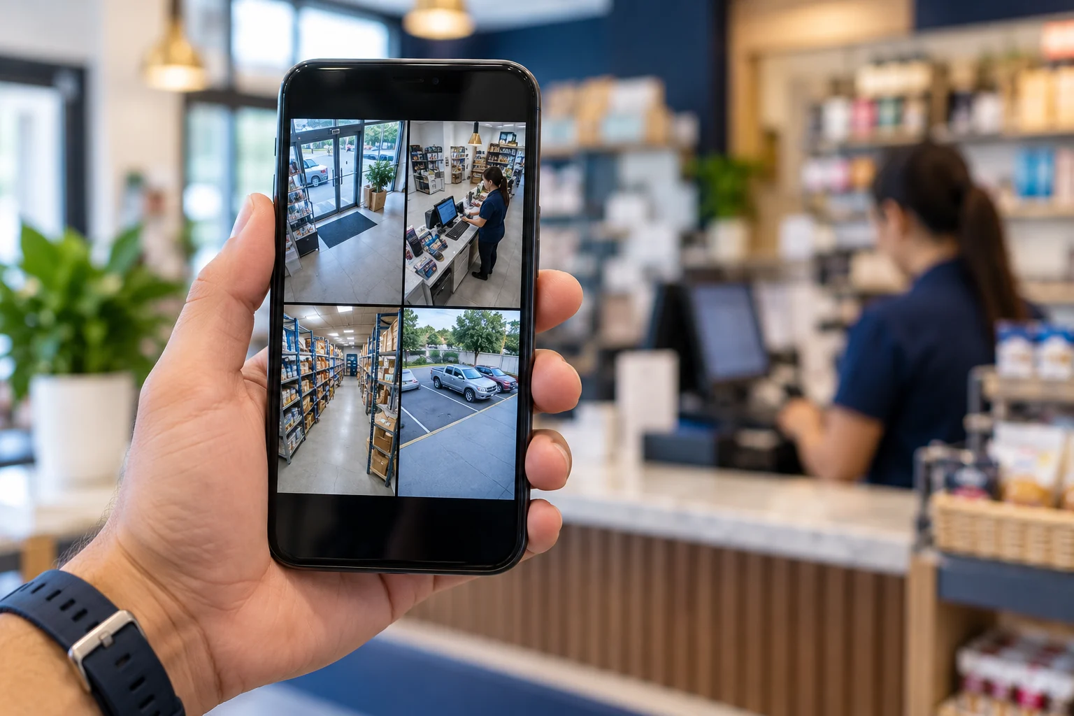 Imagen conceptual de un celular con cuatro vistas de cámaras de un comercio