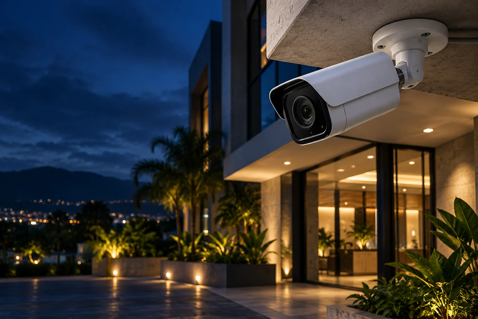Imagen conceptual de una cámara de vigilancia instalada en una fachada al atardecer